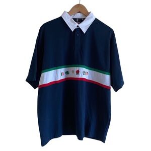 Y2K Six Nations Rugby Polo Shirt XL Navy White Collar Embroidered Flag Preppy